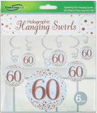 60th Sparkling Fizz Hanging Swirls - White & Rose Gold 6pcs