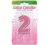 No.2 Glitter Candle Pink & Silver -3″
